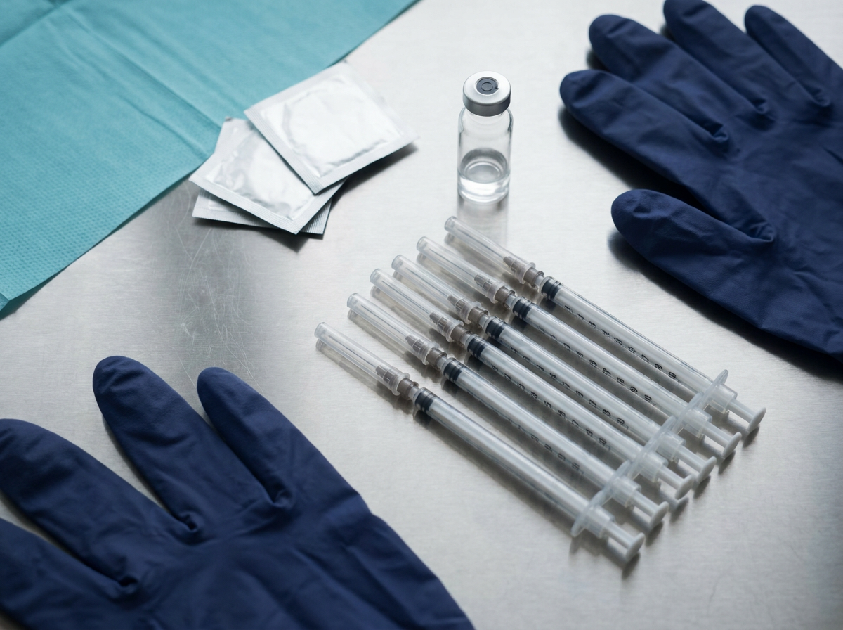 Sterile compounding pharmacy workbench with sermorelin vial and supplies