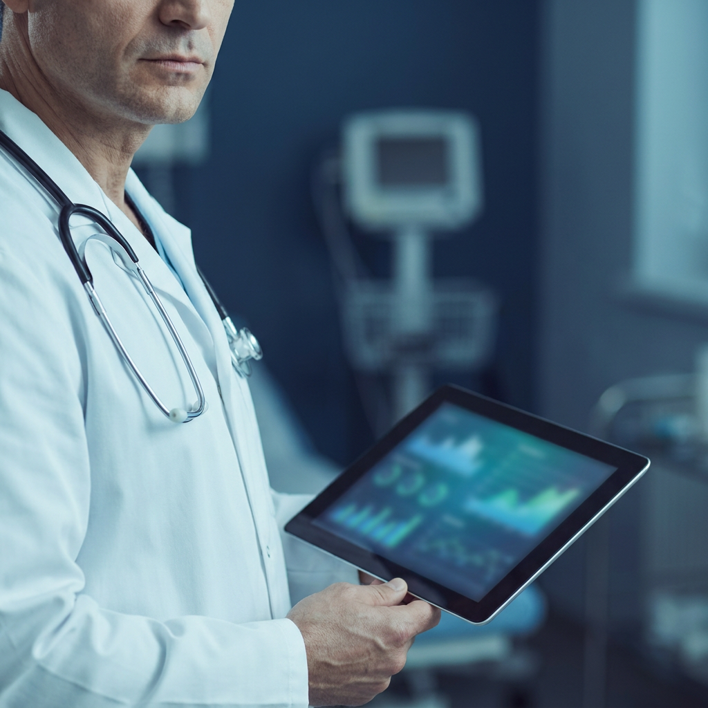 Clinician reviewing a blood panel results dashboard on a tablet
